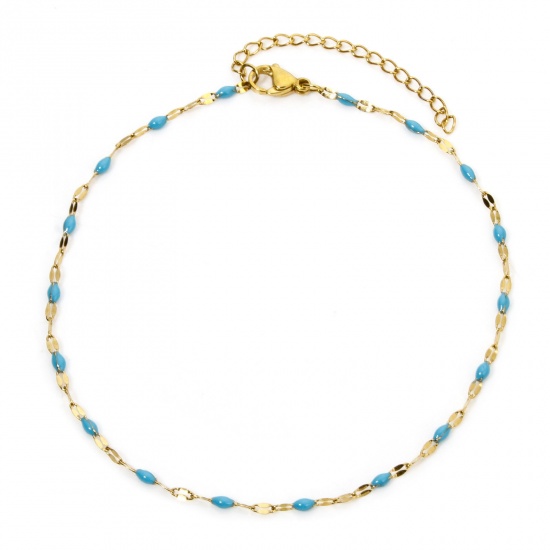 Picture of 1 Piece Vacuum Plating 304 Stainless Steel Lips Chain Anklet 18K Gold Plated Blue Enamel 24.5cm(9.6") long