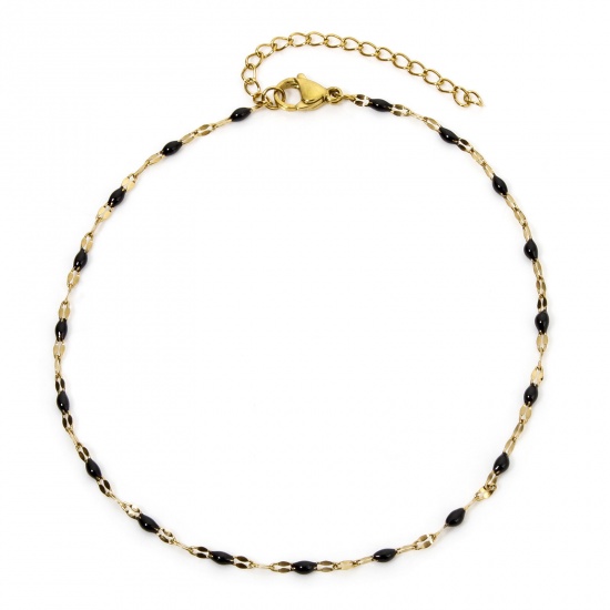 Picture of 1 Piece Vacuum Plating 304 Stainless Steel Lips Chain Anklet 18K Gold Plated Black Enamel 24.5cm(9.6") long