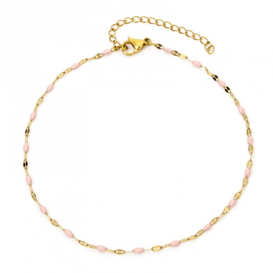 Picture of 1 Piece Vacuum Plating 304 Stainless Steel Lips Chain Anklet 18K Gold Plated Pink Enamel 24.5cm(9.6") long