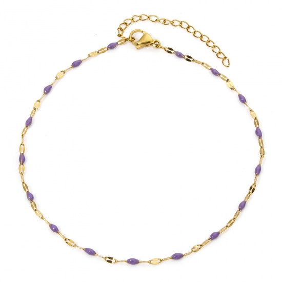 Picture of 1 Piece Vacuum Plating 304 Stainless Steel Lips Chain Anklet 18K Gold Plated Purple Enamel 24.5cm(9.6") long