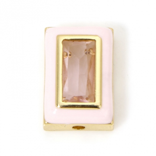 Immagine di 2 PCs Eco-friendly Brass Beads For DIY Jewelry Making 18K Real Gold Plated Pink Rectangle Enamel Pink Rhinestone About 12mm x 8.5mm, Hole: Approx 1.2mm