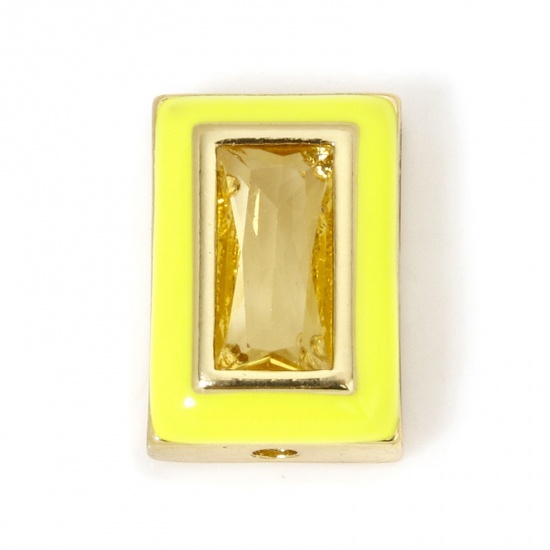 Immagine di 2 PCs Eco-friendly Brass Beads For DIY Jewelry Making 18K Real Gold Plated Yellow Rectangle Enamel Yellow Rhinestone About 12mm x 8.5mm, Hole: Approx 1.2mm