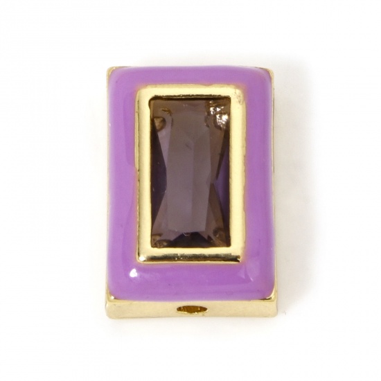 Immagine di 2 PCs Eco-friendly Brass Beads For DIY Jewelry Making 18K Real Gold Plated Purple Rectangle Enamel Purple Rhinestone About 12mm x 8.5mm, Hole: Approx 1.2mm