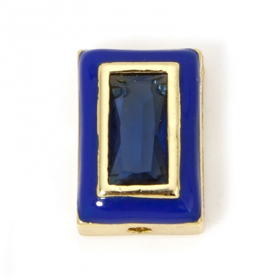 Immagine di 2 PCs Eco-friendly Brass Beads For DIY Jewelry Making 18K Real Gold Plated Dark Blue Rectangle Enamel Dark Blue Rhinestone About 12mm x 8.5mm, Hole: Approx 1.2mm