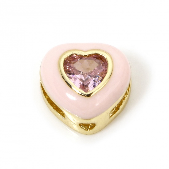 Picture of 2 PCs Eco-friendly Brass Valentine's Day Beads For DIY Jewelry Making 18K Real Gold Plated Pink Heart Enamel Pink Rhinestone About 8mm x 8mm, Hole: Approx 1.2mm