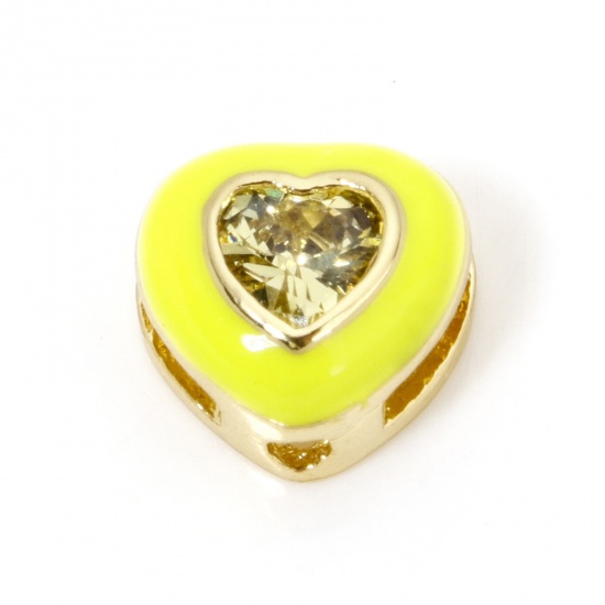 Picture of 2 PCs Eco-friendly Brass Valentine's Day Beads For DIY Jewelry Making 18K Real Gold Plated Yellow Heart Enamel Yellow Rhinestone About 8mm x 8mm, Hole: Approx 1.2mm