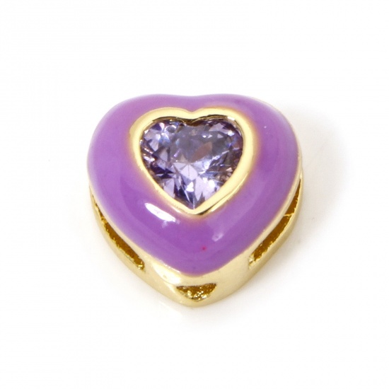 Picture of 2 PCs Eco-friendly Brass Valentine's Day Beads For DIY Jewelry Making 18K Real Gold Plated Purple Heart Enamel Purple Rhinestone About 8mm x 8mm, Hole: Approx 1.2mm