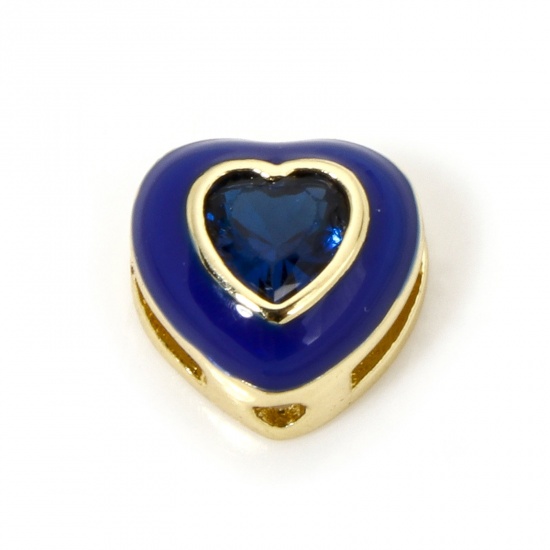 Picture of 2 PCs Eco-friendly Brass Valentine's Day Beads For DIY Jewelry Making 18K Real Gold Plated Dark Blue Heart Enamel Dark Blue Rhinestone About 8mm x 8mm, Hole: Approx 1.2mm