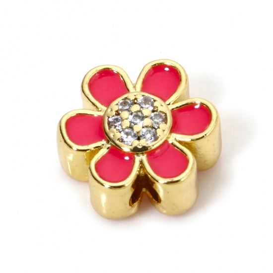 Immagine di 2 PCs Eco-friendly Brass Beads For DIY Jewelry Making 18K Real Gold Plated Hot Pink Flower Enamel Clear Cubic Zirconia About 10mm x 9mm, Hole: Approx 1.6mm