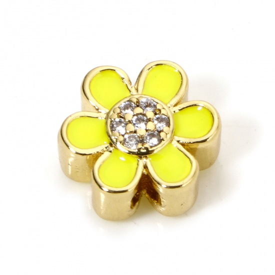 Immagine di 2 PCs Eco-friendly Brass Beads For DIY Jewelry Making 18K Real Gold Plated Yellow Flower Enamel Clear Cubic Zirconia About 10mm x 9mm, Hole: Approx 1.6mm