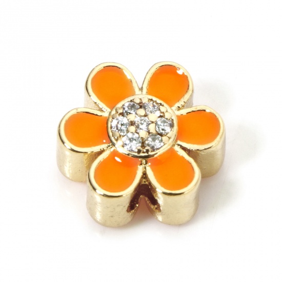 Immagine di 2 PCs Eco-friendly Brass Beads For DIY Jewelry Making 18K Real Gold Plated Orange Flower Enamel Clear Cubic Zirconia About 10mm x 9mm, Hole: Approx 1.6mm