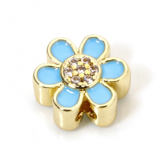 Immagine di 2 PCs Eco-friendly Brass Beads For DIY Jewelry Making 18K Real Gold Plated Blue Flower Enamel Clear Cubic Zirconia About 10mm x 9mm, Hole: Approx 1.6mm