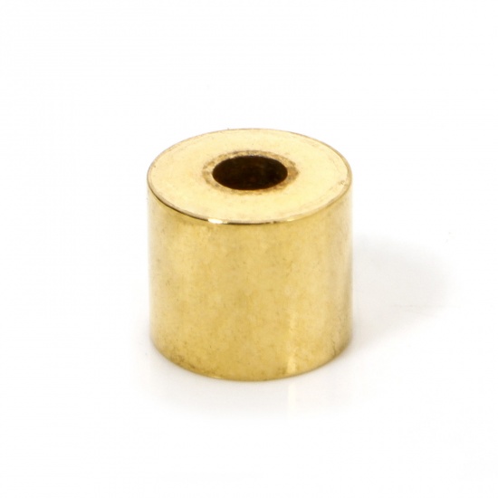 Picture of 2 PCs Eco-friendly Brass Beads For DIY Jewelry Making 18K Real Gold Plated Cylinder Smooth Blank About 7mm x 6mm, Hole: Approx 2.2mm