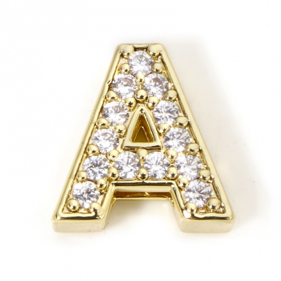 Image de 1 Piece Eco-friendly Brass Beads For DIY Jewelry Making 18K Real Gold Plated Capital Alphabet Initial Letter Micro Pave Message " A " Clear Cubic Zirconia (Fits Cord Size: 1.8mm( 1/8")) About 12mm x 12mm