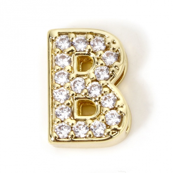 Image de 1 Piece Eco-friendly Brass Beads For DIY Jewelry Making 18K Real Gold Plated Capital Alphabet Initial Letter Micro Pave Message " B " Clear Cubic Zirconia (Fits Cord Size: 1.8mm( 1/8")) About 13mm x 9mm