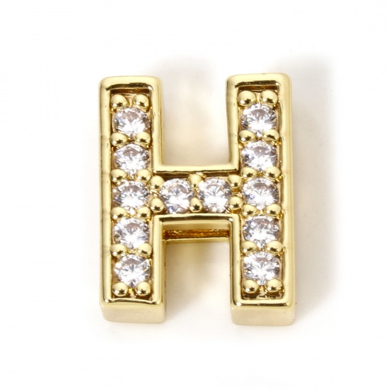 Image de 1 Piece Eco-friendly Brass Beads For DIY Jewelry Making 18K Real Gold Plated Capital Alphabet Initial Letter Micro Pave Message " H " Clear Cubic Zirconia (Fits Cord Size: 1.8mm( 1/8")) About 12mm x 10mm