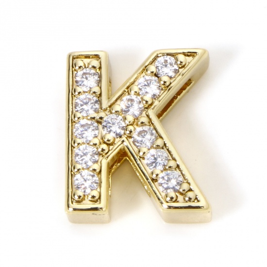 Image de 1 Piece Eco-friendly Brass Beads For DIY Jewelry Making 18K Real Gold Plated Capital Alphabet Initial Letter Micro Pave Message " K " Clear Cubic Zirconia (Fits Cord Size: 1.8mm( 1/8")) About 12mm x 10mm