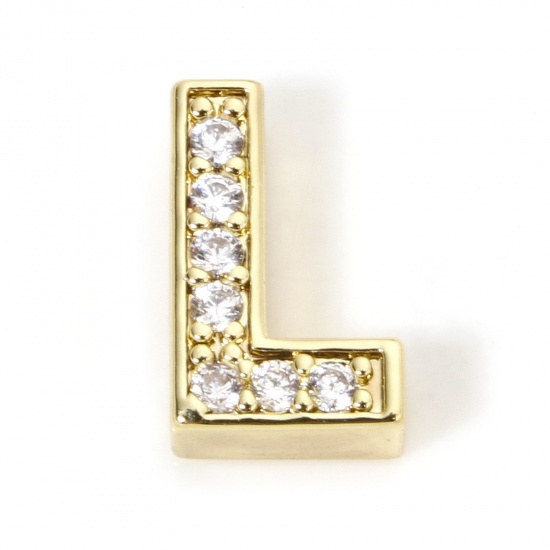 Image de 1 Piece Eco-friendly Brass Beads For DIY Jewelry Making 18K Real Gold Plated Capital Alphabet Initial Letter Micro Pave Message " L " Clear Cubic Zirconia (Fits Cord Size: 1.8mm( 1/8")) About 12mm x 8mm