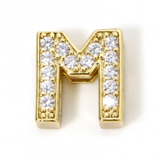 Image de 1 Piece Eco-friendly Brass Beads For DIY Jewelry Making 18K Real Gold Plated Capital Alphabet Initial Letter Micro Pave Message " M " Clear Cubic Zirconia (Fits Cord Size: 1.8mm( 1/8")) About 12mm x 11mm