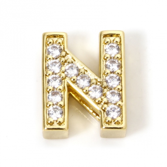 Image de 1 Piece Eco-friendly Brass Beads For DIY Jewelry Making 18K Real Gold Plated Capital Alphabet Initial Letter Micro Pave Message " N " Clear Cubic Zirconia (Fits Cord Size: 1.8mm( 1/8")) About 12mm x 10mm