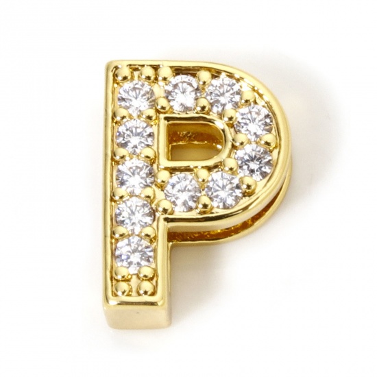 Image de 1 Piece Eco-friendly Brass Beads For DIY Jewelry Making 18K Real Gold Plated Capital Alphabet Initial Letter Micro Pave Message " P " Clear Cubic Zirconia (Fits Cord Size: 1.8mm( 1/8")) About 12mm x 9mm