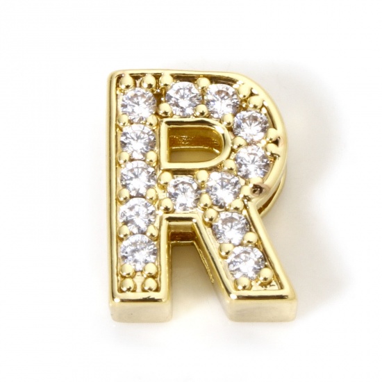 Image de 1 Piece Eco-friendly Brass Beads For DIY Jewelry Making 18K Real Gold Plated Capital Alphabet Initial Letter Micro Pave Message " R " Clear Cubic Zirconia (Fits Cord Size: 1.8mm( 1/8")) About 12mm x 9mm