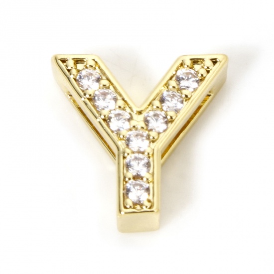 Image de 1 Piece Eco-friendly Brass Beads For DIY Jewelry Making 18K Real Gold Plated Capital Alphabet Initial Letter Micro Pave Message " Y " Clear Cubic Zirconia (Fits Cord Size: 1.8mm( 1/8")) About 13mm x 12mm