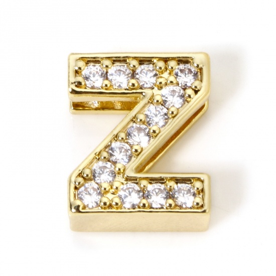 Image de 1 Piece Eco-friendly Brass Beads For DIY Jewelry Making 18K Real Gold Plated Capital Alphabet Initial Letter Micro Pave Message " Z " Clear Cubic Zirconia (Fits Cord Size: 1.8mm( 1/8")) About 12mm x 10mm