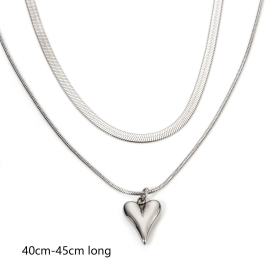 Picture of 1 Piece Eco-friendly 304 Stainless Steel Ins Style Snake Chain Multilayer Layered Necklace Silver Tone Heart 40cm-45cm long