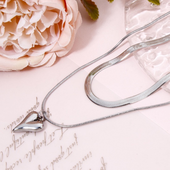 Picture of 1 Piece Eco-friendly 304 Stainless Steel Ins Style Snake Chain Multilayer Layered Necklace Silver Tone Heart 40cm-45cm long