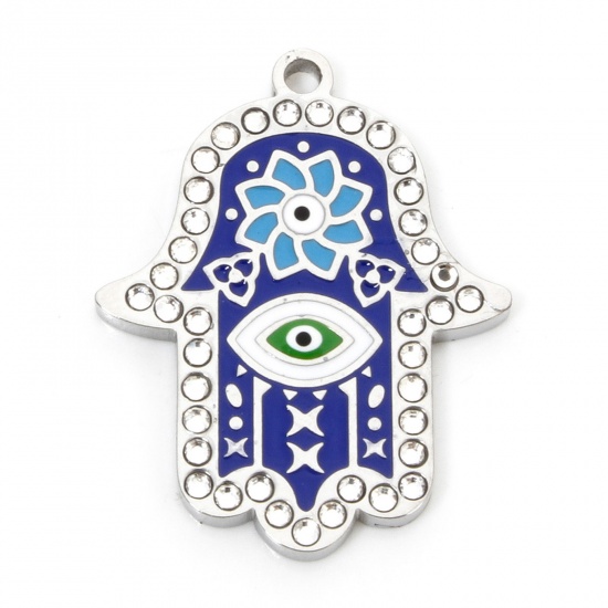 Bild von 1 Stück Umweltfreundliche Vakuumbeschichtung 304 Edelstahl & Strass Religiös Charms Hamsa Symbol Hand Silberfarbe Blau Emaille 26mm x 20.5mm