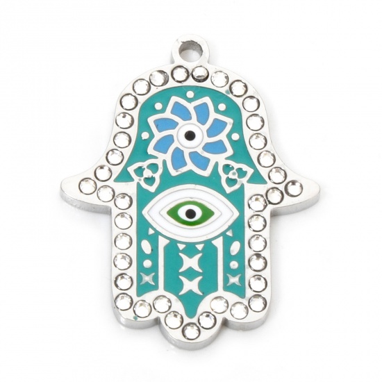 Bild von 1 Stück Umweltfreundliche Vakuumbeschichtung 304 Edelstahl & Strass Religiös Charms Hamsa Symbol Hand Silberfarbe Grün Emaille 26mm x 20.5mm