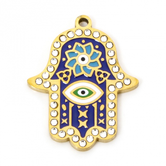Bild von 1 Stück Umweltfreundliche Vakuumbeschichtung 304 Edelstahl & Strass Religiös Charms Hamsa Symbol Hand Vergoldet Blau Emaille 26mm x 20.5mm