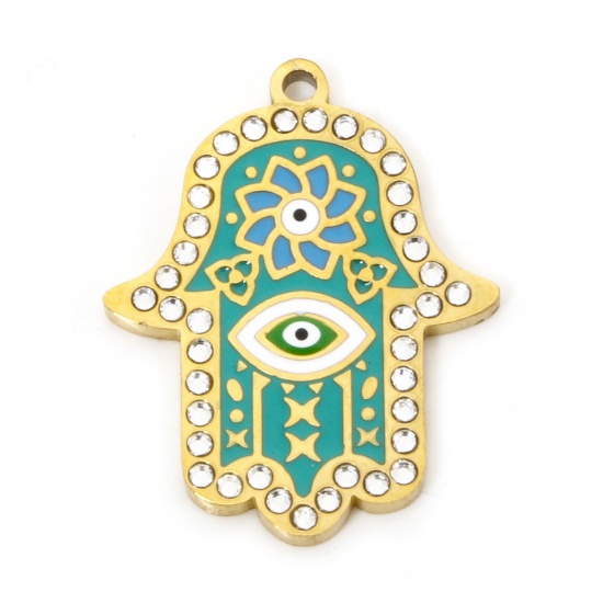 Bild von 1 Stück Umweltfreundliche Vakuumbeschichtung 304 Edelstahl & Strass Religiös Charms Hamsa Symbol Hand Vergoldet Grün Emaille 26mm x 20.5mm