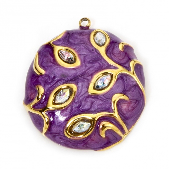 Picture of 1 Piece Eco-friendly Vacuum Plating 304 Stainless Steel & Rhinestone Flora Collection Charmes Gold Plated Purple Round Enamel 27mm x 23.5mm