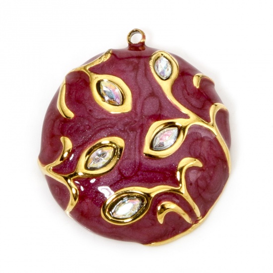 Picture of 1 Piece Eco-friendly Vacuum Plating 304 Stainless Steel & Rhinestone Flora Collection Charmes Gold Plated Fuchsia Round Enamel 27mm x 23.5mm