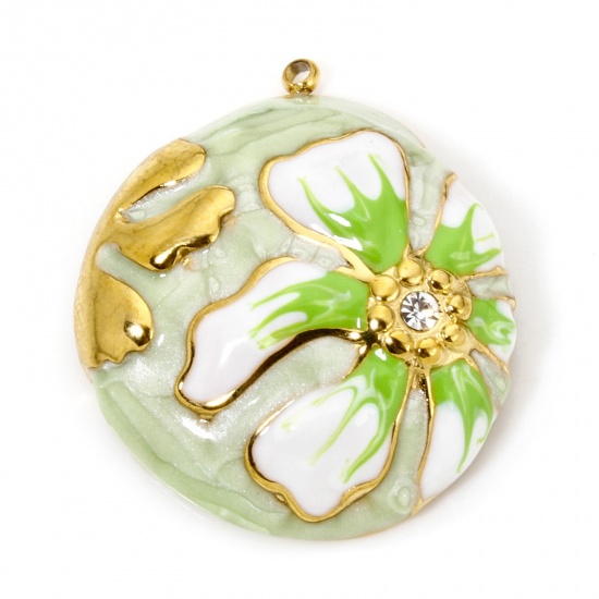 Picture of 1 Piece Eco-friendly Vacuum Plating 304 Stainless Steel & Rhinestone Flora Collection Charmes Gold Plated Light Green Round Enamel 29.5mm x 26.5mm