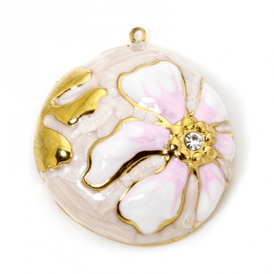 Picture of 1 Piece Eco-friendly Vacuum Plating 304 Stainless Steel & Rhinestone Flora Collection Charmes Gold Plated Light Pink Round Enamel 29.5mm x 26.5mm