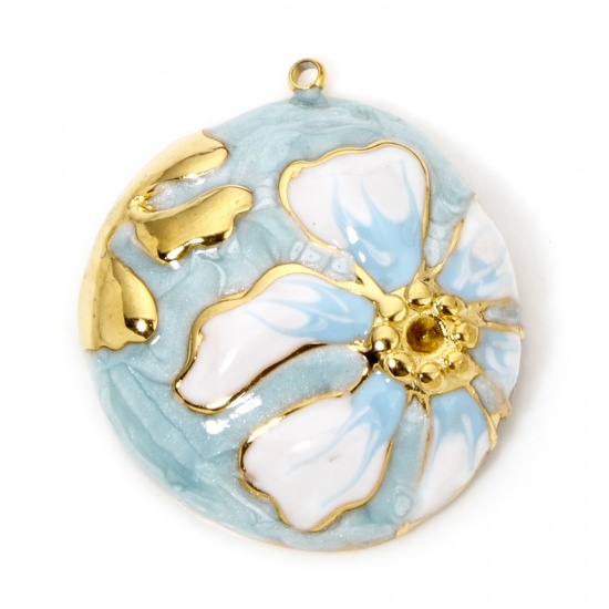 Picture of 1 Piece Eco-friendly Vacuum Plating 304 Stainless Steel & Rhinestone Flora Collection Charmes Gold Plated Blue Round Enamel 29.5mm x 26.5mm