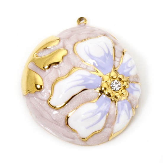 Picture of 1 Piece Eco-friendly Vacuum Plating 304 Stainless Steel & Rhinestone Flora Collection Charmes Gold Plated Pale Lilac Round Enamel 29.5mm x 26.5mm