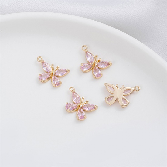 Immagine di 1 Pz Ecologico Ottone Insetto Ciondoli 14K Vero Oro Placcato Farfalla Rosa Cubic Zirconiae 15mm x 9mm