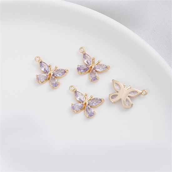Immagine di 1 Pz Ecologico Ottone Insetto Ciondoli 14K Vero Oro Placcato Farfalla Viola Pallido Cubic Zirconiae 15mm x 9mm