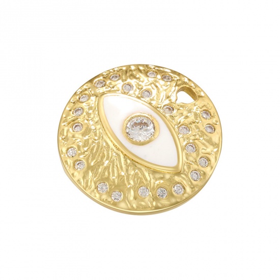 Immagine di 1 Pz Ottone Religione Ciondoli Tondo Placcato Oro 14K Bianco Occhi Smalto Trasparente Cubic Zirconiae 18mm x 18mm