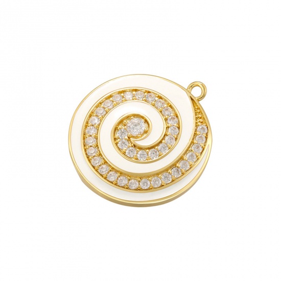 Imagen de 1 Unidad Latón Colgantes Ronda Chapado en Oro de 14K Blanco Hélice Esmalte Claro Circón Artificial 27mm x 24mm