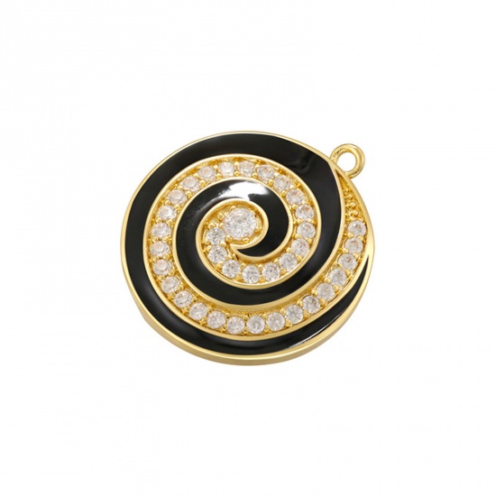 Imagen de 1 Unidad Latón Colgantes Ronda Chapado en Oro de 14K Negro Hélice Esmalte Claro Circón Artificial 27mm x 24mm