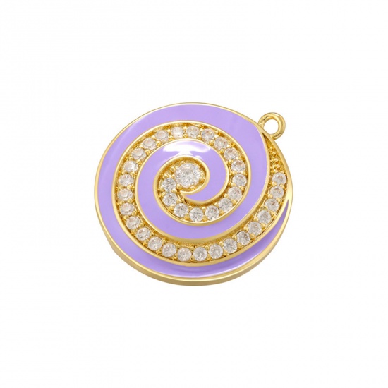 Imagen de 1 Unidad Latón Colgantes Ronda Chapado en Oro de 14K Púrpura Hélice Esmalte Claro Circón Artificial 27mm x 24mm