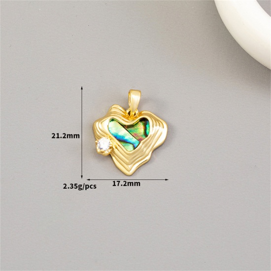 Picture of 1 Piece Natural Shell & Brass Valentine's Day Charm Pendant 14K Gold Plated Heart Clear Cubic Zirconia 21mm x 17mm