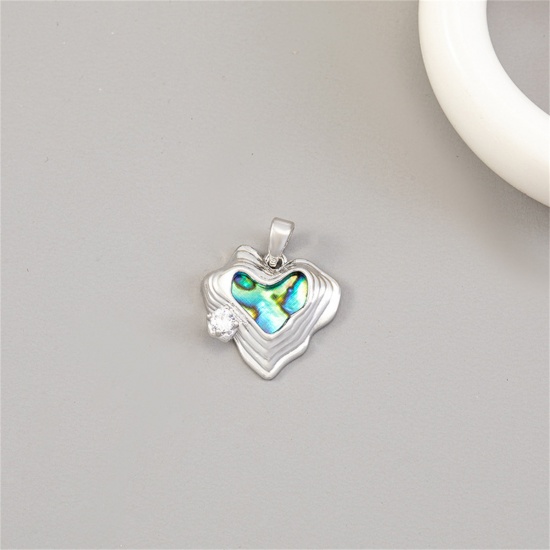 Picture of 1 Piece Natural Shell & Brass Valentine's Day Charm Pendant Platinum Plated Heart Clear Cubic Zirconia 21mm x 17mm