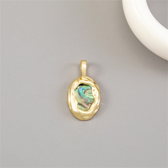 Picture of 1 Piece Natural Shell & Brass Geometric Charms 14K Gold Plated Oval 22mm x 12mm