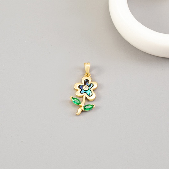 Picture of 1 Piece Natural Shell & Brass Charm Pendant 14K Gold Plated Flower Green Cubic Zirconia 26mm x 12mm